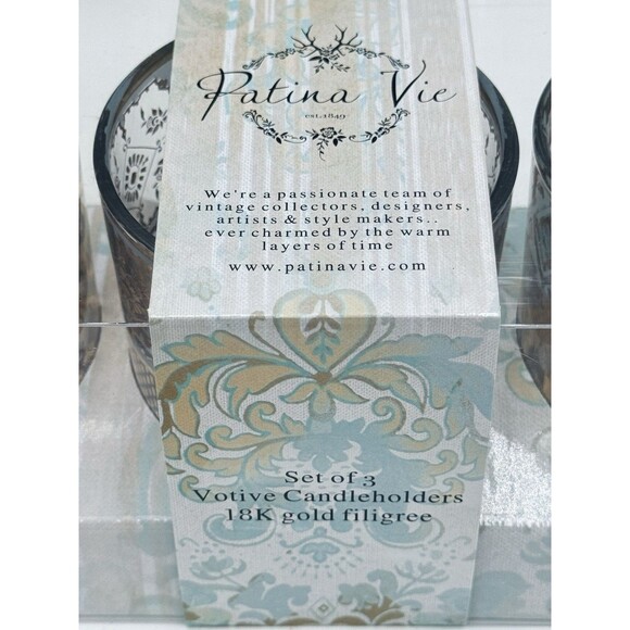 Patina Vie 18K Gold Filigree Set Of 3 Glass Candleholders New in Box - Picture 5 of 5